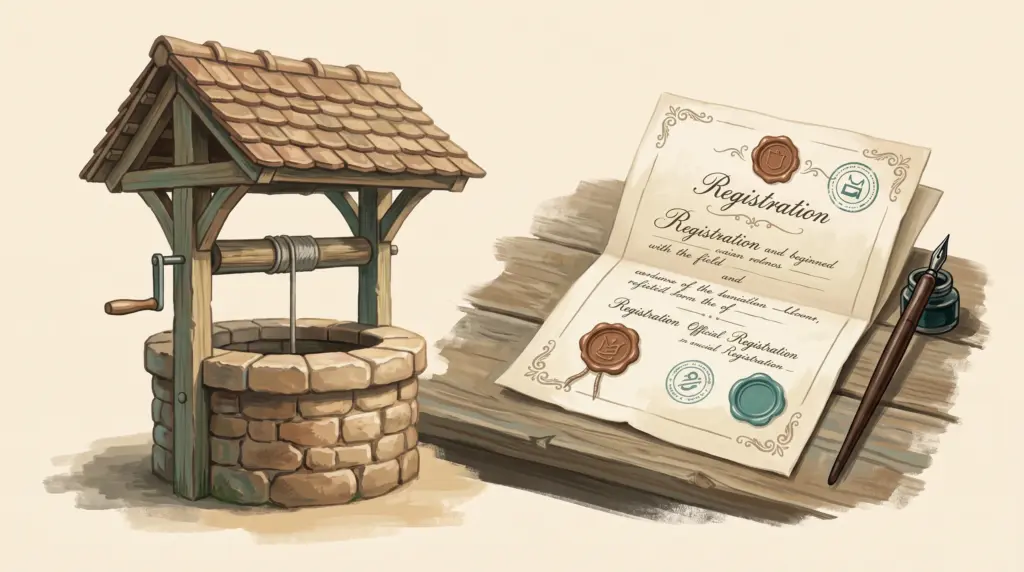 Handgemalte Illustration eines Gartenbrunnens neben einem offiziellen Dokument mit Stempel und Stift