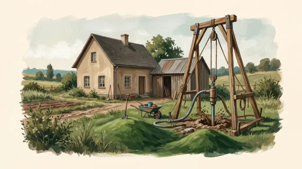 Handgemalte Illustration einer Brunnenbohrung im deutschen Garten mit Bohrgestell und Haus