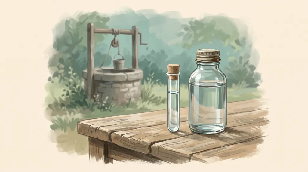 Handgemalte Illustration von Reagenzglas und Wasserprobe auf Holztisch mit Gartenbrunnen im Hintergrund