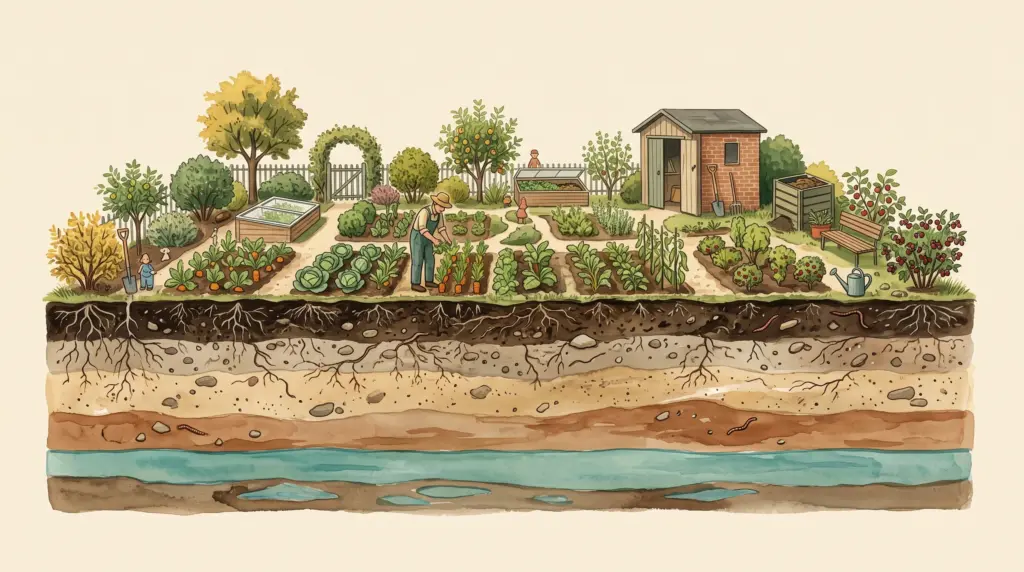 Handgemalte Illustration eines flachen Gartenquerschnitts mit Bodenschichten und sichtbarem Grundwasserspiegel
