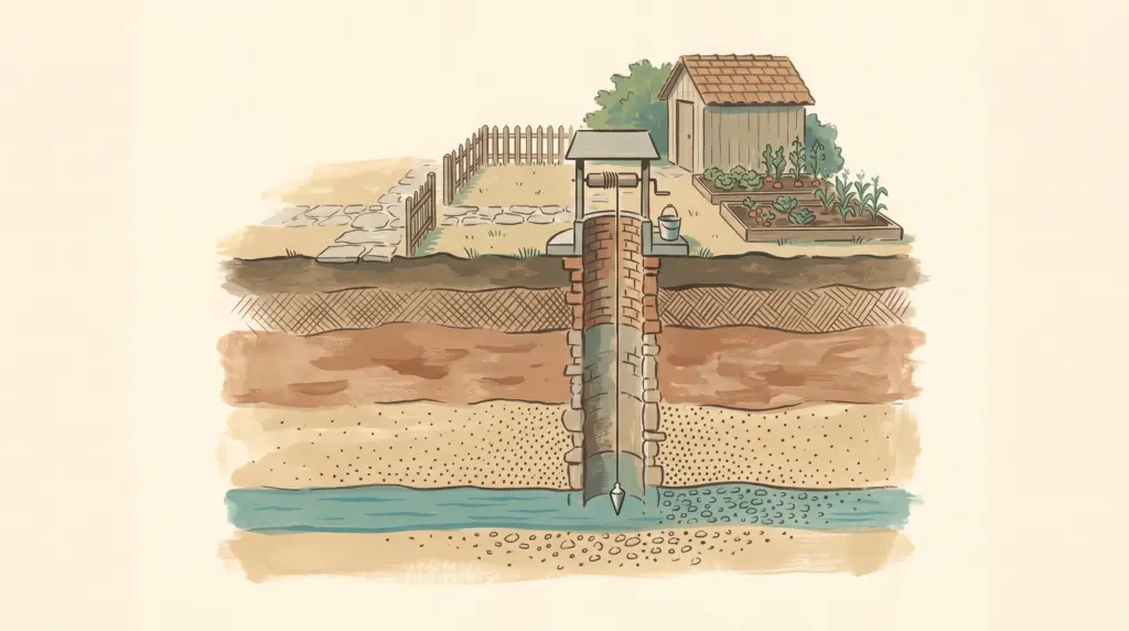 Handgemalte Illustration eines Gartenquerschnitts mit Messlinie im Brunnen bis zum Grundwasser