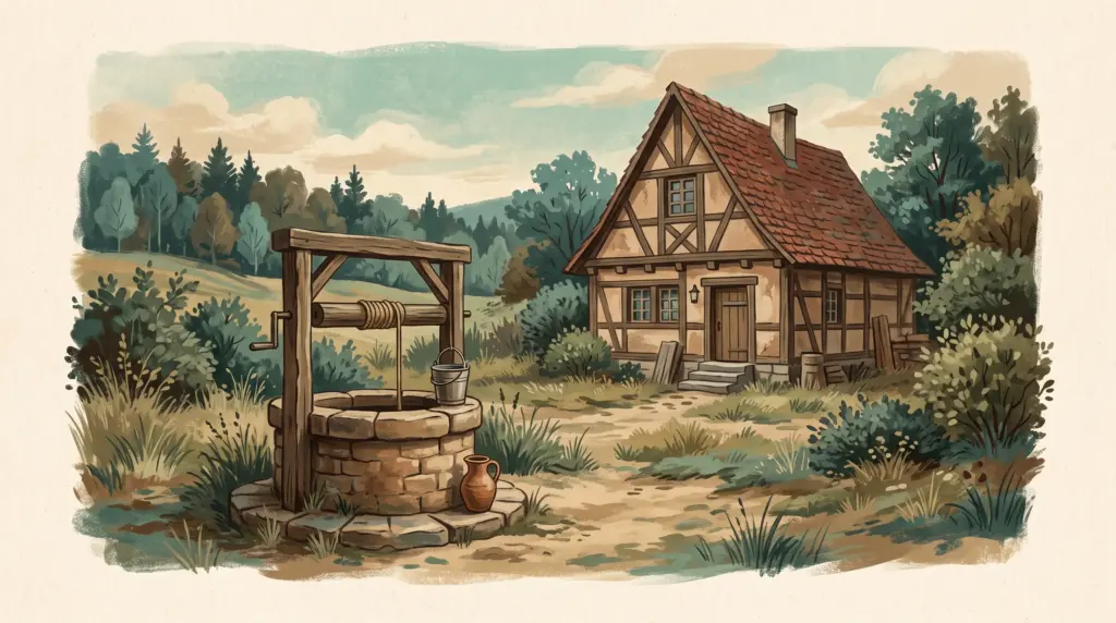 Handgemalte Illustration eines deutschen Hauses mit altem Gartenbrunnen im Vordergrund