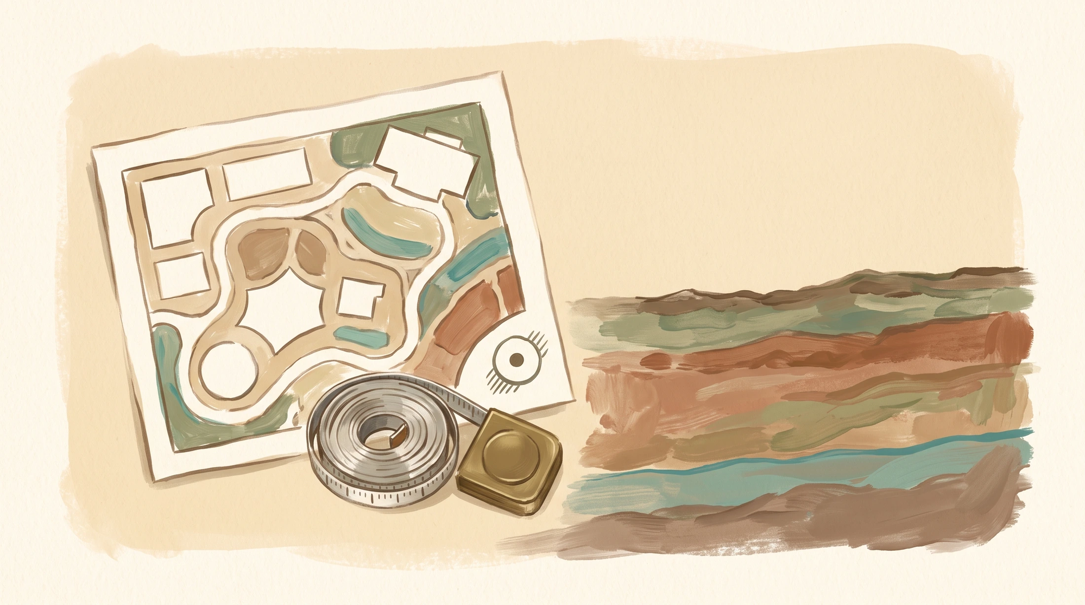 Handgemalte Illustration einer Gartenplanung mit Lageplan, Maßband, Bodenschichten und Grundwasser