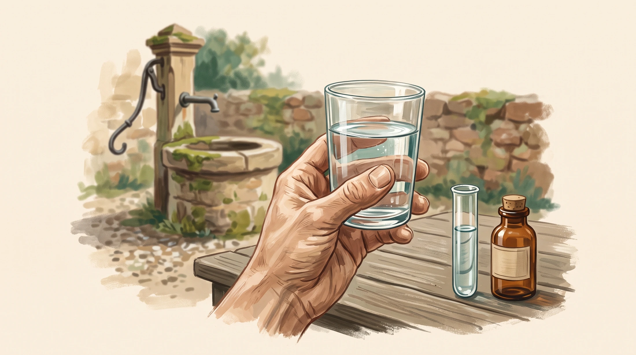 Handgemalte Illustration einer Hand mit klarem Brunnenwasser im Glas, Testrohr und Probenflasche