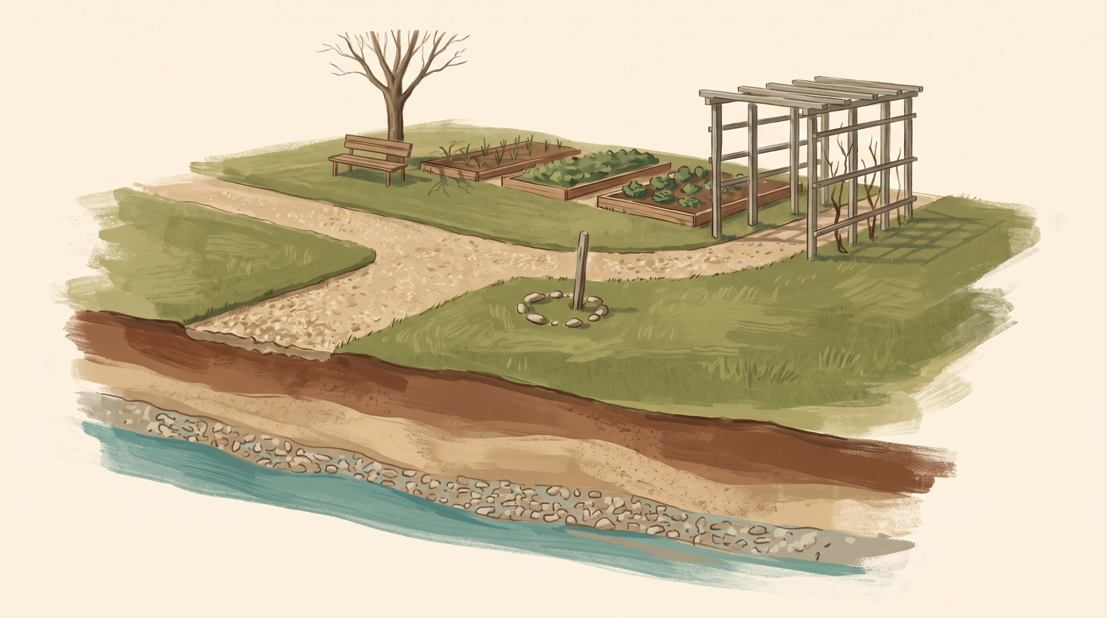 Handgemalte Illustration eines Gartens mit markierter geeigneter Brunnenstelle und angedeuteten Bodenschichten