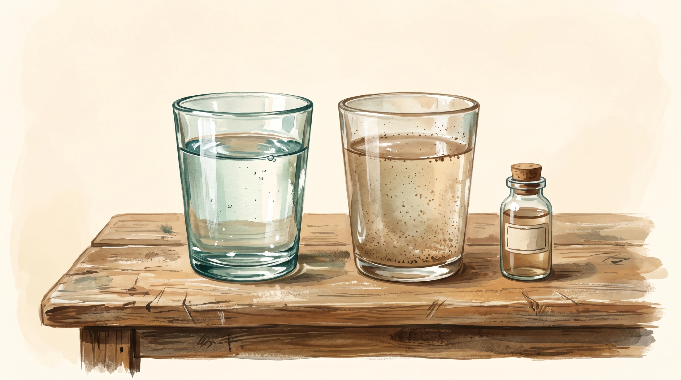 Handgemalte Illustration von Gläsern mit Brunnenwasser und einer kleinen Probenflasche