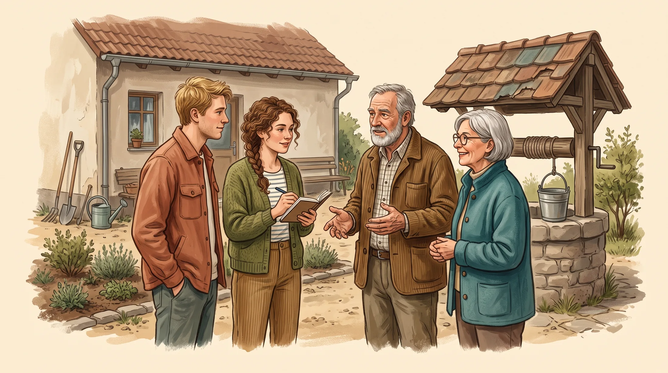 Handgemalte Illustration einer kleinen Gemeinschaft rund um einen Gartenbrunnen