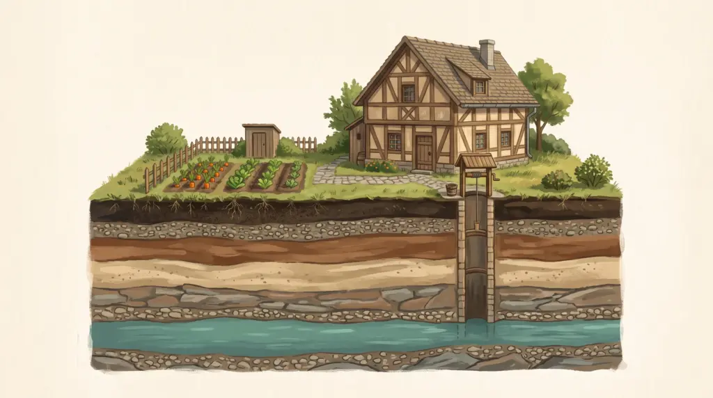 Handgemalte Illustration eines Gartenquerschnitts mit Haus, Bodenschichten, Grundwasser und Brunnen